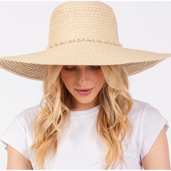 Tan Woven Straw Sun Hat*Pearl Beaded*Flower accent - Picture 1 of 4